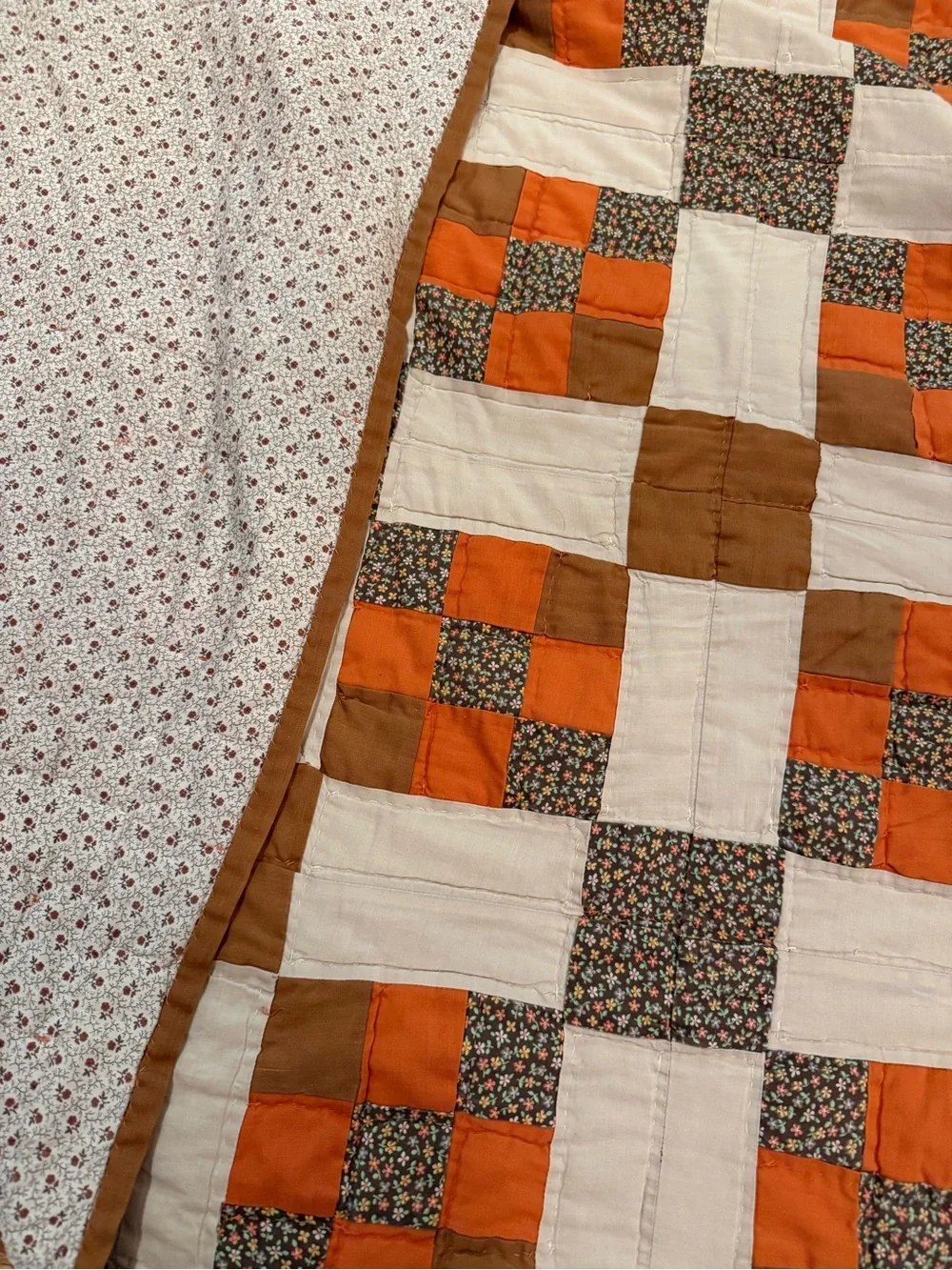 VTG Handmade Appalachian Granny Patchwork Quilt Cream, Orange & Brown 85 x 75